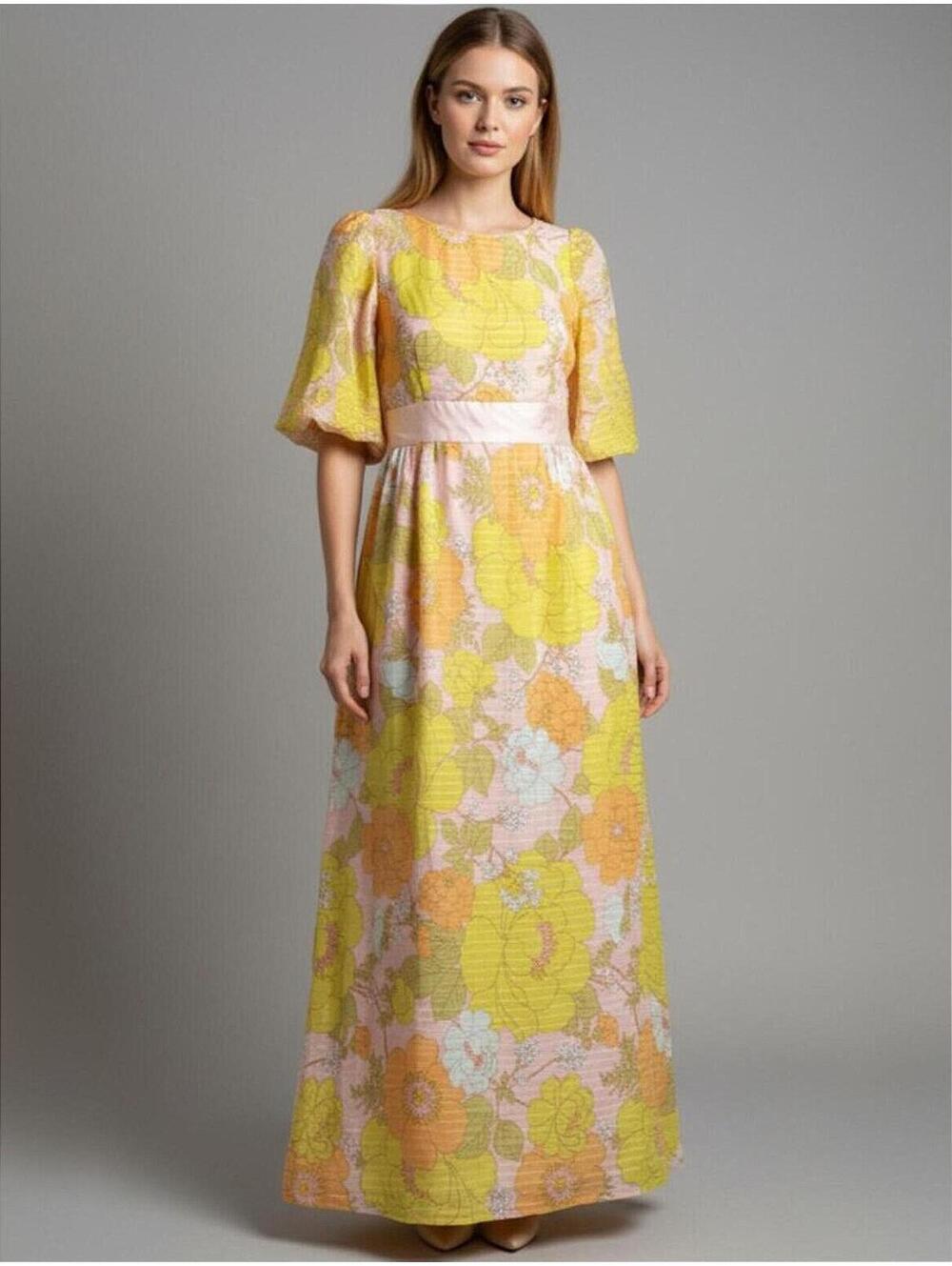 Vintage Yellow Cottagecore 70s Floral Maxi Dress Small Puff Sleeve Whimsygoth